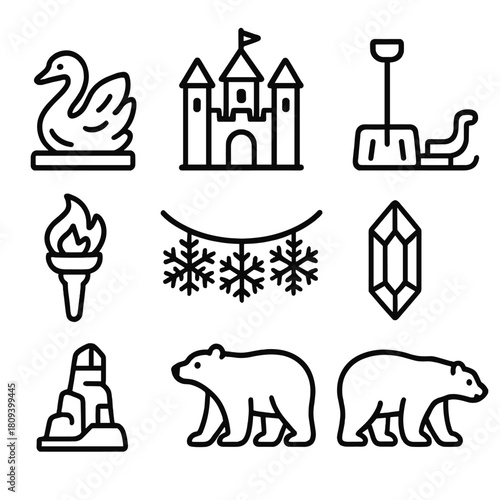 Ice Festival Icons. Ice Festival linear icon set. ice sculpture, frozen castle, snow shovel, sled, torch flame, snowflake garland, crystal, polar bear