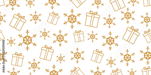 Elegant seamless Christmas and winter pattern featuring golden-brown outline icons of gift boxes and stylized snowflakes scattered randomly on a plain white background.