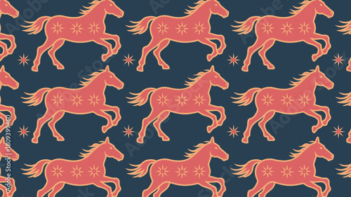 Elegant seamless pattern of stylized galloping horses and stars on dark blue background, perfect for textile design or festive wrapping paper projects