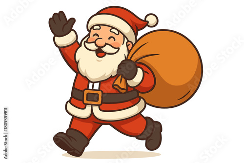 Joyful Santa Waving. Santa Claus joyfully waves, holding a large sack of gifts. His red suit and hat, white beard, and black boots are iconic. The pose is dynamic,. Vector illustration