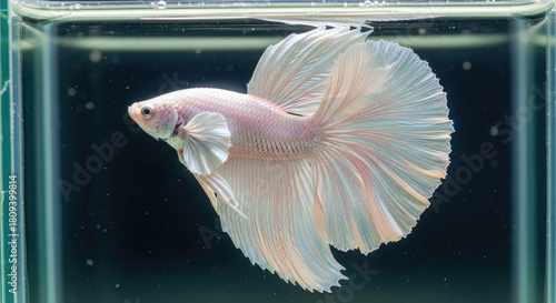 Elegant Platinum White Betta Fish Displaying its Beautiful Finnage and Delicate Coloration within a Crystal Clear Aquarium Setting, Close-up Shot