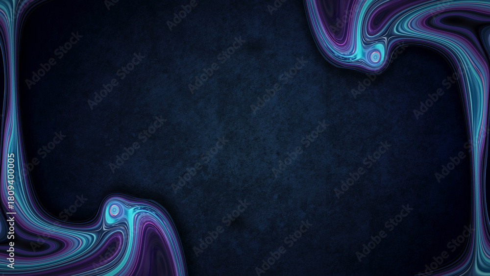 Fototapeta premium Dark Navy Blue Background with Vibrant Neon Swirls and Psychedelic Fluid Art Corners for Modern Technology and Futuristic Graphic Design