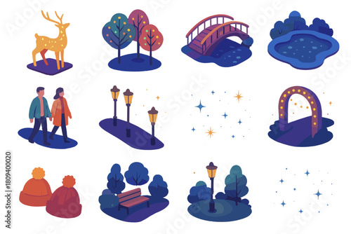 Winter Park Wonders. Park Illumination flat icons set. glowing deer sculpture, colorful light trees, illuminated bridge, frozen pond reflections, visitors strolling, lanterns along