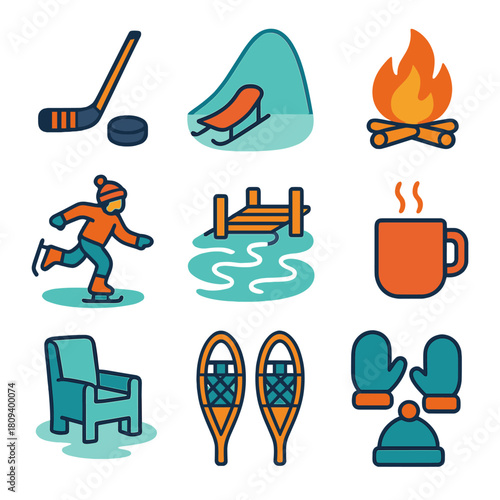 Winter Lake Activities. Winter Lake Fun flat icons set. ice hockey stick, puck, sledding hill, frozen dock, campfire, skater, snow tracks, hot drink cup, mittens, ice chair