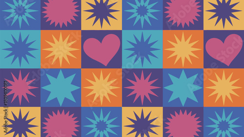 Vibrant starburst and heart pattern creates a playful retro vibe perfect for kids products, branding, and fun designs with a cheerful aesthetic