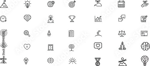 Personal Growth Line Icons Set, Mindset Development, Motivation, Success, Goal Achievement, Productivity, Self Improvement
