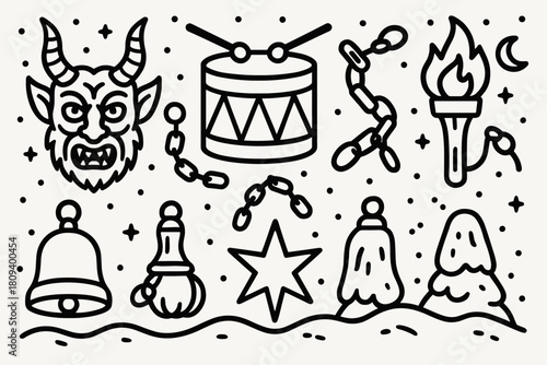 Festive Fear Icons. Festive Fear Parade linear icon set. horned mask, drum, chain, torch, snow drift, bell, star, night sky