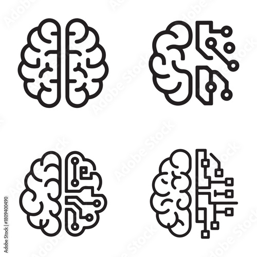 Ai brain half circuit logo design with abstract neural network elements and geometric shapes silhouette