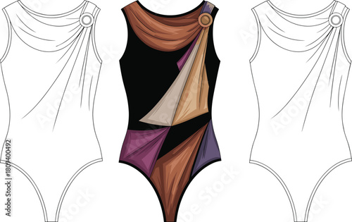 Technical fashion flat sketch of dance leotard or bodysuit with draped neckline, ring detail, and abstract color-block design, apparel template vector.