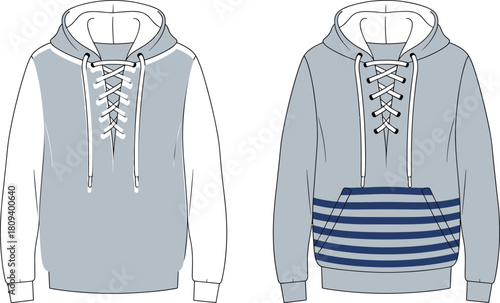 Hockey lace-up hoodie technical fashion flat sketch vector illustration, pullover sweatshirt with drawcord neckline and striped kangaroo pocket, apparel design.