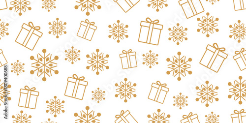 Elegant seamless Christmas and winter pattern featuring golden-brown outline icons of gift boxes and stylized snowflakes scattered randomly on a plain white background.