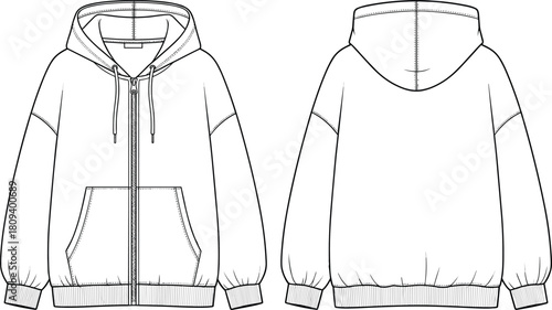 Technical fashion flat sketch of oversized zippered hooded sweatshirt with rib cuffs and hem, front and back view, apparel template vector blueprint.
