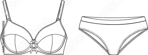 Technical flat sketch of underwired plunge bra and classic bikini panties, detailed lingerie blueprint vector template, apparel design, and fashion illustration.Technical flat sketch of underwired,