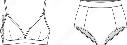 Technical flat sketch of lingerie set including triangle bralette and high-waisted briefs, underwear blueprint vector template, apparel design, and fashion illustration.
