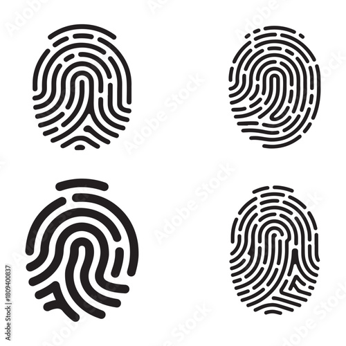 Collection of stylized fingerprint technology icons for digital security and identification applications silhouette