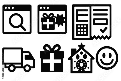 Festive Shopping Icons. Seasonal Shopping Steps silhouette icon set. online search, festive offer popup, checkout form, digital receipt, delivery truck, gift box icon, decorated