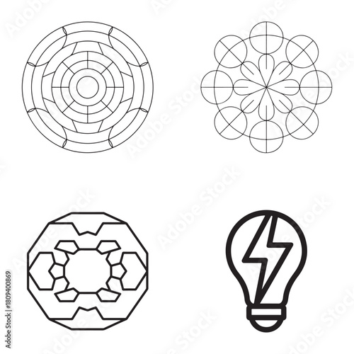 A collection of intelligence spark and idea generation icons in a clean silhouette outline style