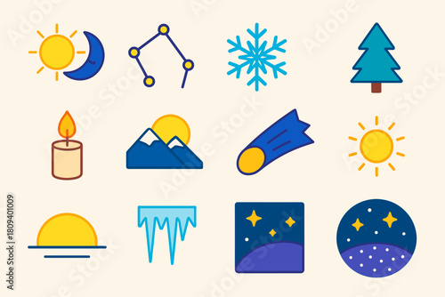 Celestial Winter Icons. Winter Solstice Celestial Alignment flat icons set. sun and moon, stars, constellation lines, snowflake, pine tree, candle flame, mountain view, comet