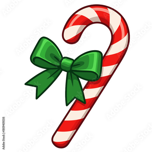 Festive Candy Cane. Festive candy cane with a red and white swirl pattern, tied with a green ribbon bow. The candy cane is slightly tilted, creating a dynamic. Vector illustration