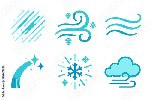 Blizzard Icon Set. Blizzard Motion flat icons set. fast snow streaks, gust lines, swirling flakes, frozen gust, sparkle trail, snow burst, cold wind, dense cloud