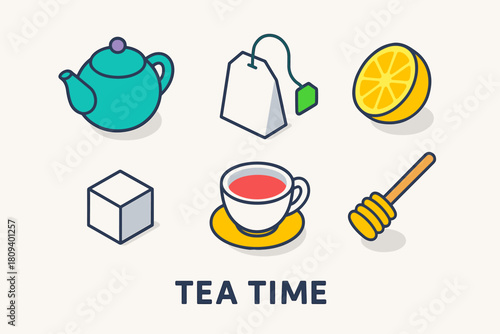 Isometric Tea Icons. Tea Time flat icons set. teapot, tea bag, lemon slice, sugar cube, porcelain cup, honey dipper