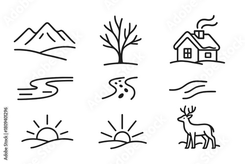 Winter Valley Icons. Peaceful Valley linear icon set. mountain ridge, bare tree, frozen river, house chimney, snow trail, sunrise, deer, mist