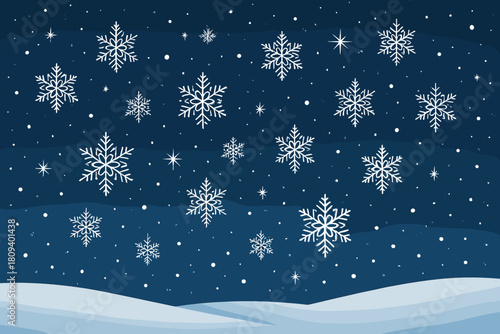 Serene Winter Night. Serene winter night scene with snowflakes softly drifting across a dark blue sky. The flakes are intricately detailed and appear to twinkle like. Vector illustration