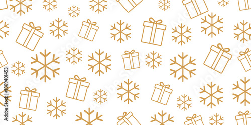 Elegant seamless Christmas and winter pattern featuring golden-brown outline icons of gift boxes and stylized snowflakes scattered randomly on a plain white background.
