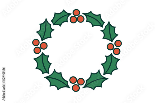 Minimalist Holiday Wreath. Holiday wreath icon, featuring a circular arrangement of holly leaves and berries. The wreath is designed with clean lines and a. Vector illustration