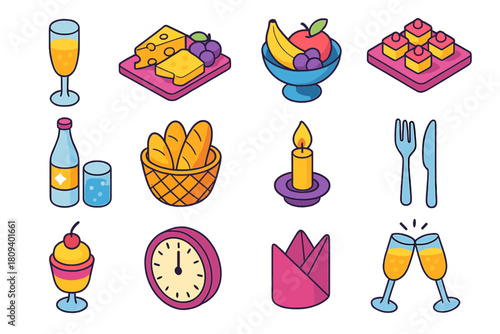 Festive Midnight Icons. New Year Midnight Feast flat icons set. champagne flute, cheese platter, fruit bowl, canapé tray, sparkling water, bread basket, candlelight, silverware