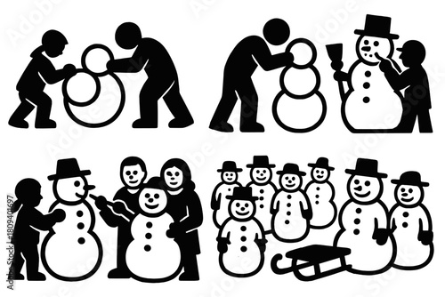 Snowman Icon Activities. Snowman Activities silhouette icon set. children sculpting, stacking snow spheres, painting snowman, giving broomstick, adding buttons, smiling family