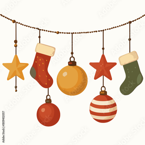 Festive Ornament Garland. Collection of hanging ornaments, including stars, stockings, and baubles, creates a festive garland. The composition is dynamic and. Vector illustration
