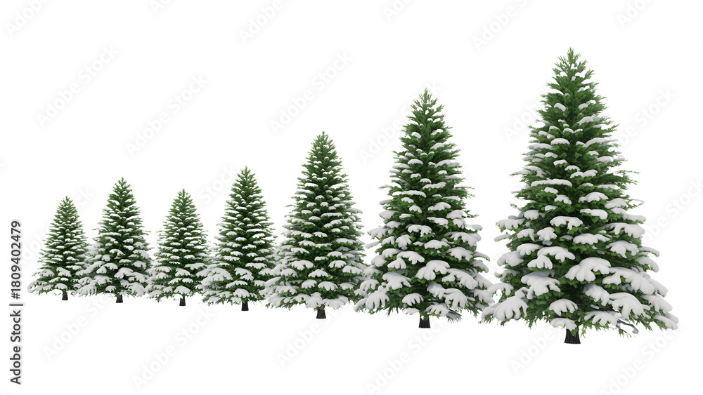 Obraz premium Row of snowy christmas trees isolated on transparent background isolated on transparent background