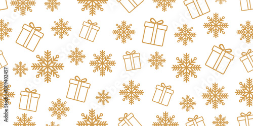 Elegant seamless Christmas and winter pattern featuring golden-brown outline icons of gift boxes and stylized snowflakes scattered randomly on a plain white background.