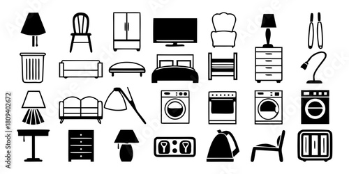 Collection of furniture and appliances including sofas, beds, lamps, and laundry machines in black and white on transparent background