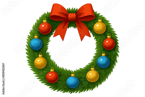Festive Wreath Design. Festive wreath adorned with multicolored baubles and a large red bow. The circular arrangement is lush with green pine branches, providing a. Vector illustration