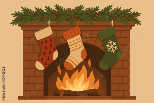 Cozy Christmas Fireplace. Cozy fireplace setting adorned with Christmas stockings and garlands. The stockings hang carefully from the mantel, each one uniquely. Vector illustration