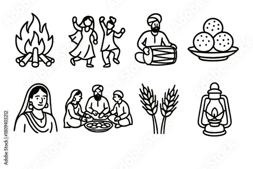 Lohri Celebration Icons. Lohri Cultural Heritage linear icon set. bonfire night, people dancing, dholak beats, sesame sweets, traditional attire, community feast, wheat sheaves