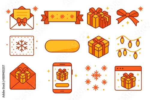 Festive Icons Collection. Holiday Campaign flat icons set. festive email header, red and gold palette, gift icons, ribbon border, snowflake pattern, cheerful text, CTA button
