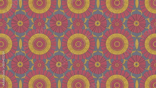 Elegant floral pattern with red and gold flowers on gray background offering a sophisticated retro vibe for invitations, branding, and textiles