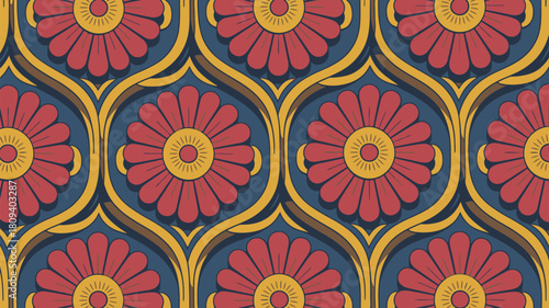 Vibrant red flower pattern on navy blue background with golden accents creates a bold, eye-catching design ideal for textiles and wallpaper projects