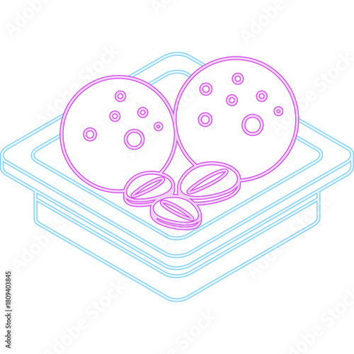 Neon outline of two round cookies and three coffee beans on a square plate with a transparent background in isometric view