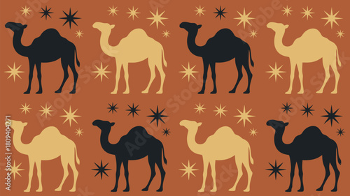 Elegant camel silhouette pattern on brown background, ideal for textile design or Arabian themed projects adding a touch of exotic charm and magic
