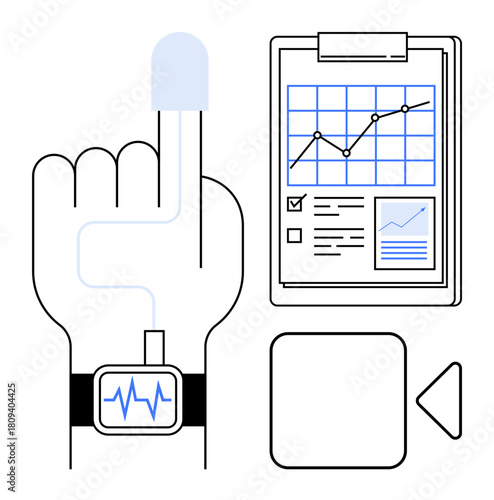 Hand with smartwatch and biometric sensor, clipboard showing analytics graphs. Ideal for health monitoring, wearable tech, data visualization, metric tracking, healthcare innovation, statistics