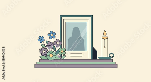 Memorial Setup with Framed Photo, Lit Candle, and Flowers Honoring a Loved One