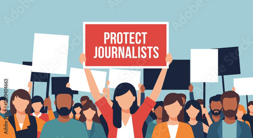 Protest Scene with 'Protect Journalists' Sign Held by Central Figure Amid Crowd of Demonstrators