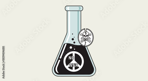 Laboratory Flask with Peace Symbol and Toxic Warning Representing Dangers of Nuclear Warfare and Scientific Ethics