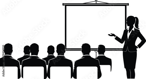 Businesswoman presenting to audience at seminar or conference, black silhouette vector illustration, training, leadership, professional education, and corporate communication.