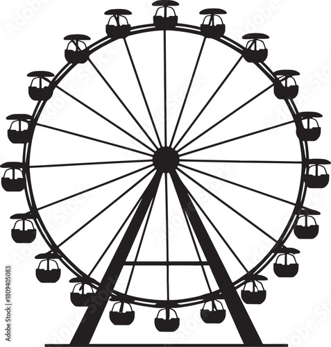 Black and white illustration of a Ferris wheel silhouette with gondolas