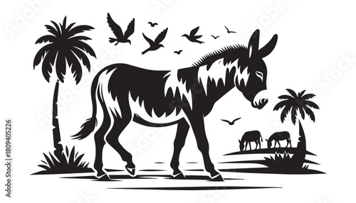 donkey silhouette vector illustration, solid white background